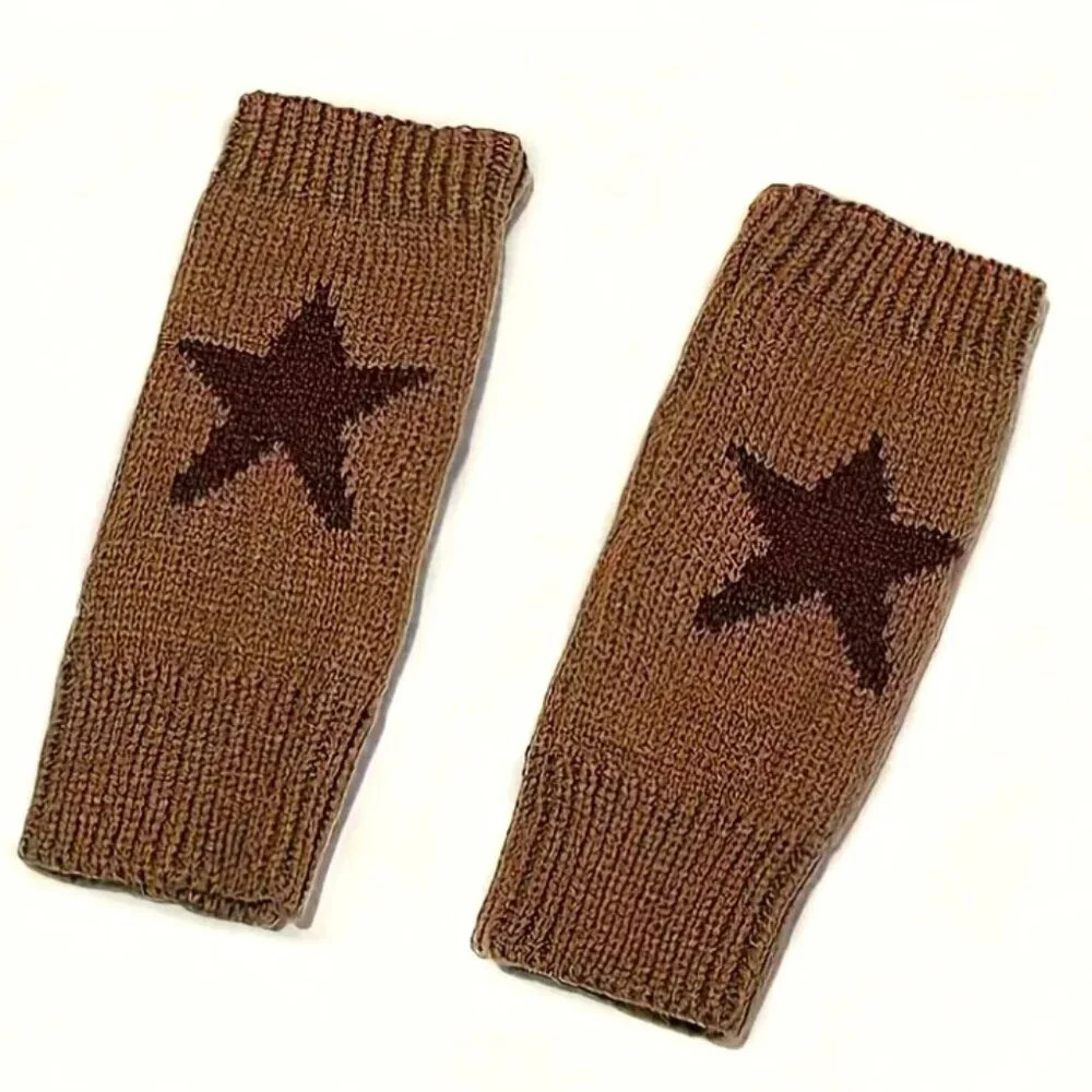 Women's Polyester Knit Fingerless Brown Gloves with Star pattern New